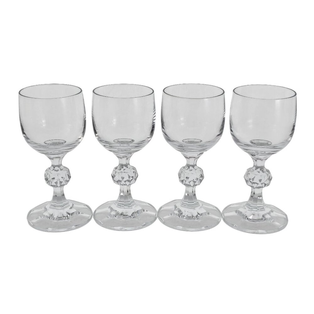 4 Claudia Cordial Shot Glasses 4.25" Import Assoc minimalist cut crystal 1980s